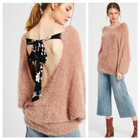 Mauve Furry Soft Open Back Tie Sweater - Picture 1 of 4